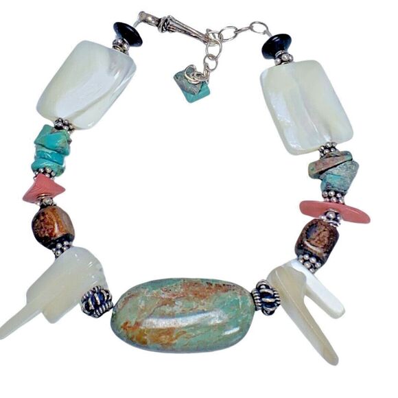 Turquoise 925 Sterling Sliver Bracelet 7" Coral Mother Of Pearl Southwestern - Picture 2 of 14